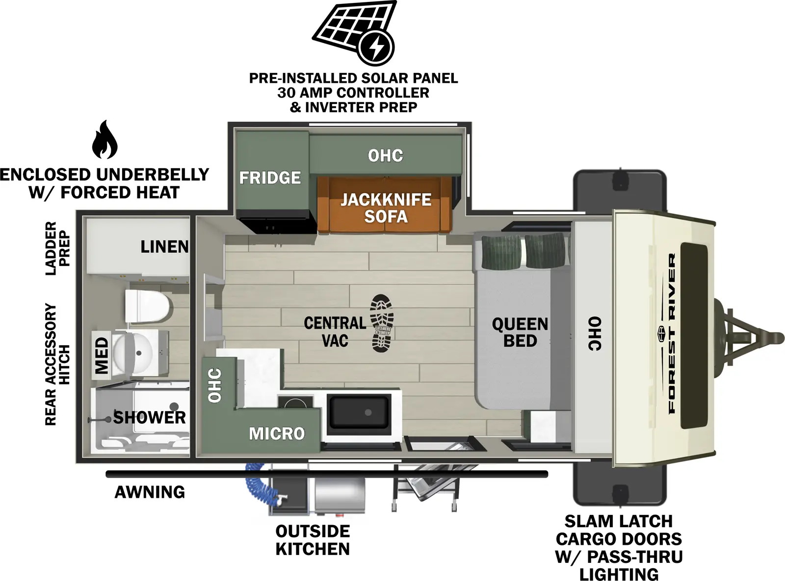 The No Boundaries NB18.3 (Coming Soon) has one entry and one slide out. Exterior features include: fiberglass exterior and outside kitchen. Interiors features include: front bedroom and rear bathroom.